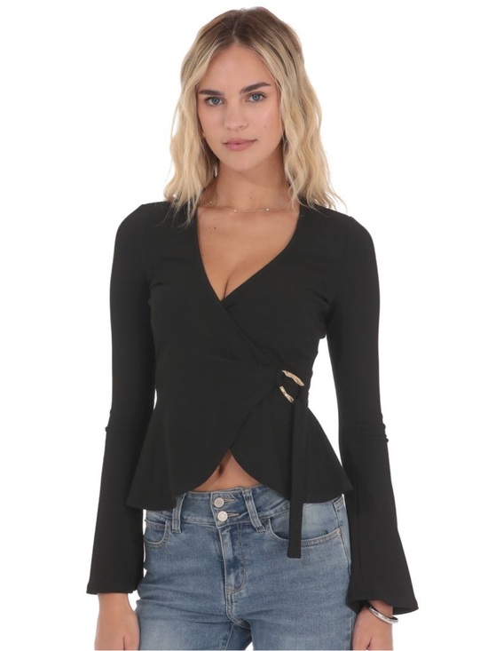 Lucy in the Sky Tops - Lucy in the Sky Black Wrap Peplum Long-Sleeve Top with Side Tie